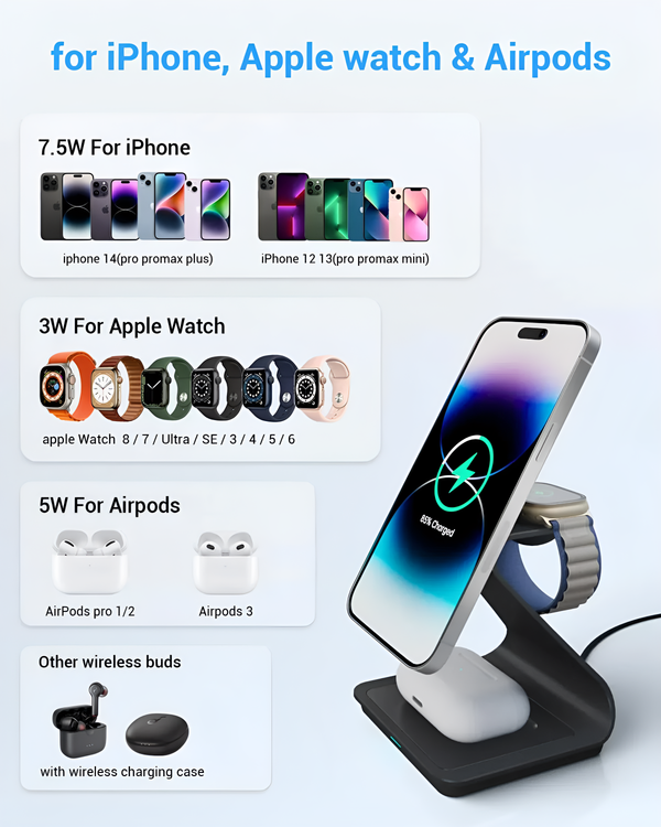 Wireless Charger For iPhone Apple Watch and AirPods 3 in 1 Black Aluminium Alloy
