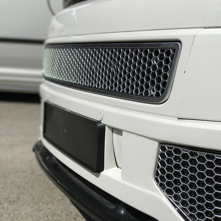 For VW T5.1 Transporter Honeycomb Bumper Grille + Fog Light Trims + Number Plate Trim Matte Chrome Sportline Painted and Ready to Fit