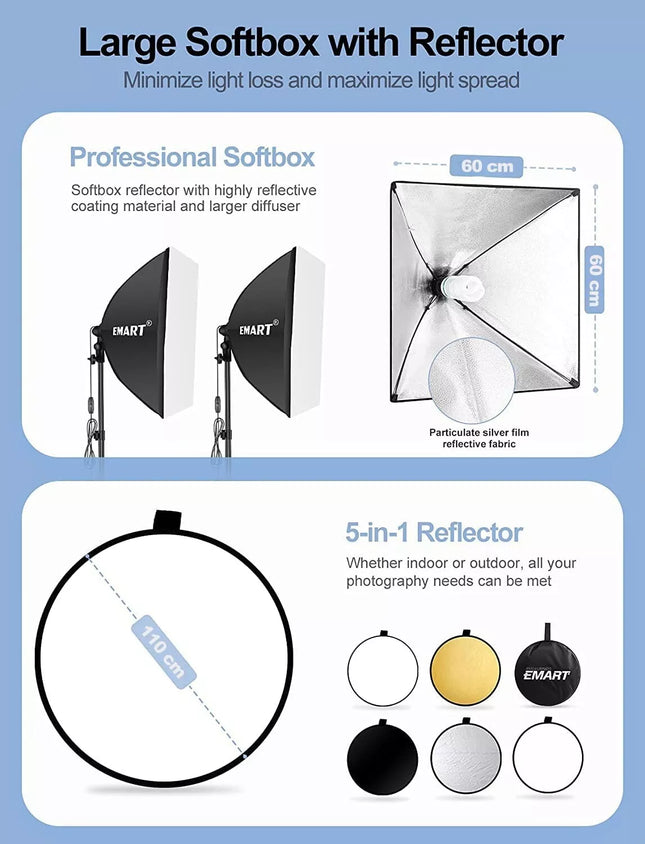 EMART Softbox Lighting Kit 60x60cm E27 Socket with Reflectors, Portable