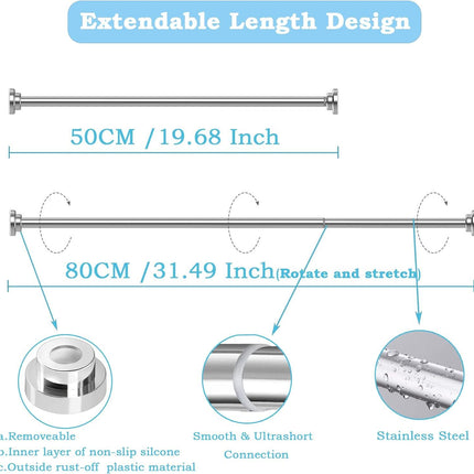 Shower Curtain Rod Stainless Steel No Drill Extendable 50-80cm 25mm Aiitomg