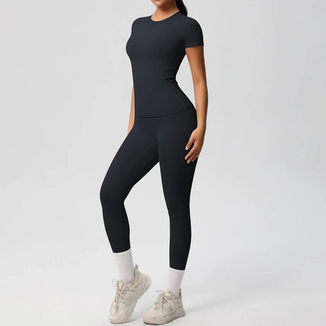 Skin-friendly Sports Set - European and American Style, Solid Color T-shirt, Stretchable Yoga Pants, High Waist Workout Suit for Women