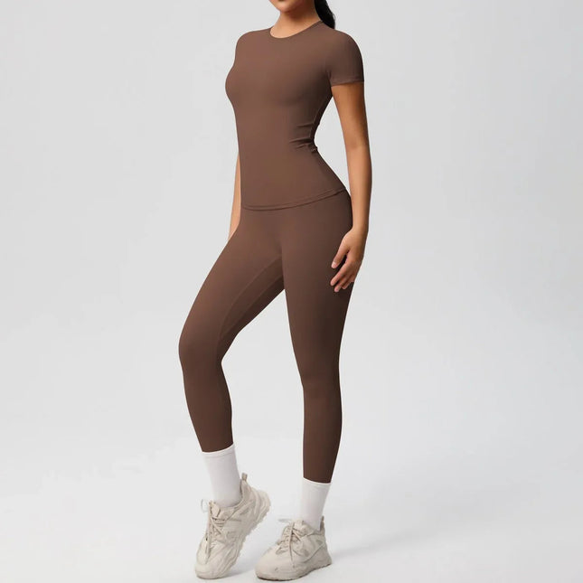 Skin-friendly Sports Set - European and American Style, Solid Color T-shirt, Stretchable Yoga Pants, High Waist Workout Suit for Women