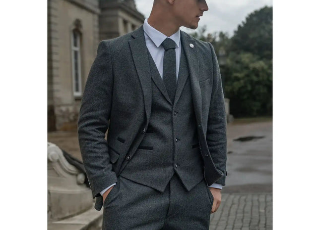STZ11 - Men's Grey Black 3 Piece Tweed Suit Herringbone Wool
