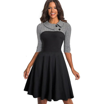 Three-quarter Sleeve Slim-fit Commute Color Contrast Patchwork Lapel A- Line Dress