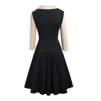 Three-quarter Sleeve Slim-fit Commute Color Contrast Patchwork Lapel A- Line Dress