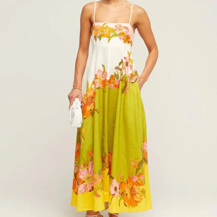 Casual Summer Dress For Women -  High Waist Sleeveless Linen Swing Dress in Elegant Print